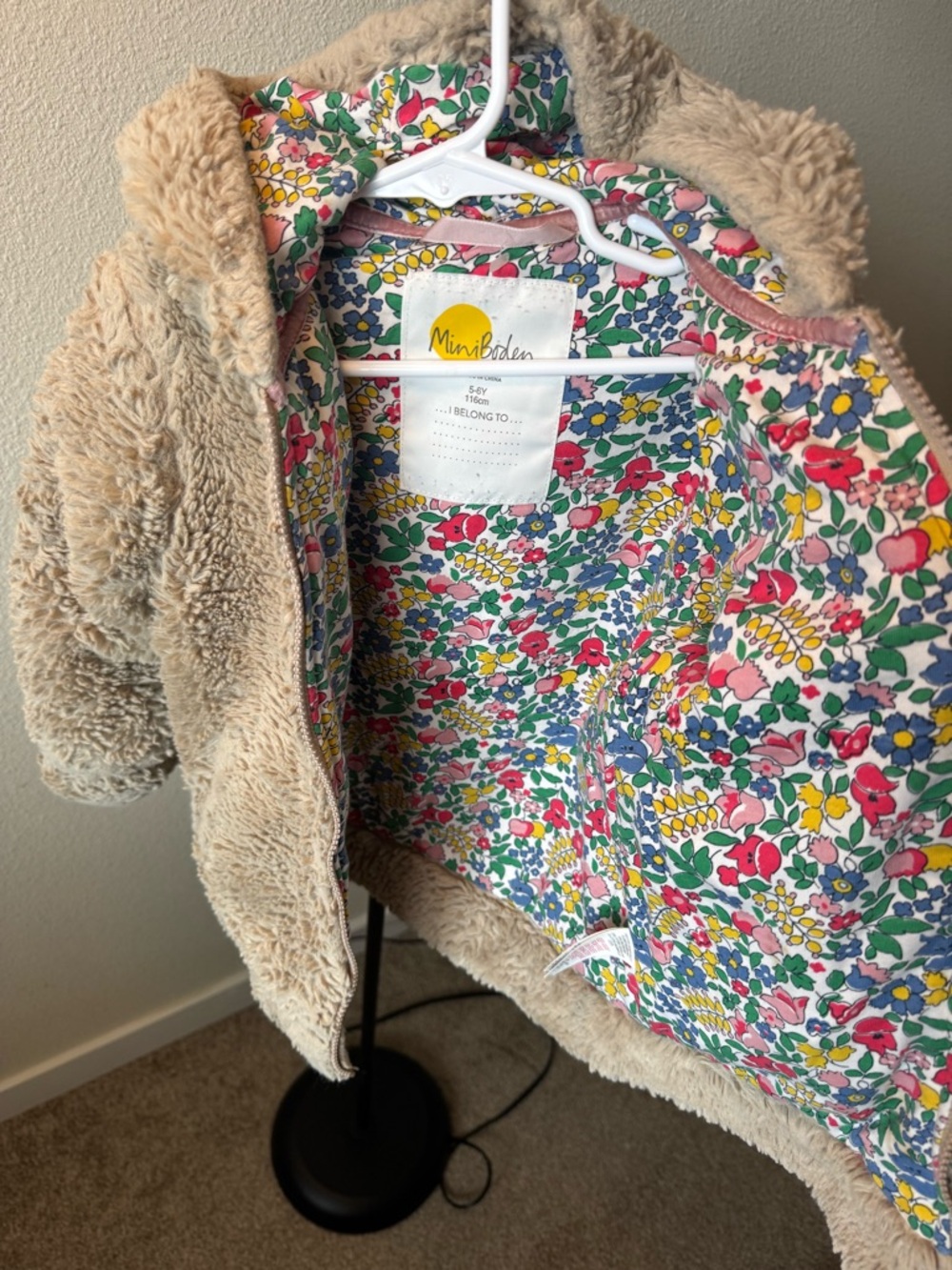 Mini Boden Sherpa Jacket with Floral Lining and Bear Ears